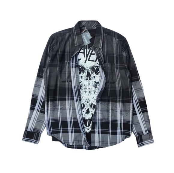 Hot Topic XXX Rude Black & Grey Spray Ombre Plaid Button Up Shirt - Picture 1 of 6